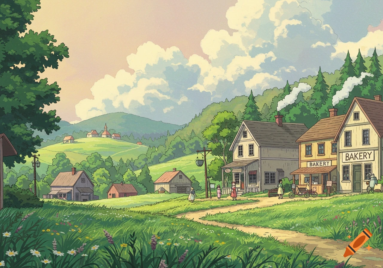 Ghibli style illustration of a small rural village with shops, houses, and people on a sunny day.