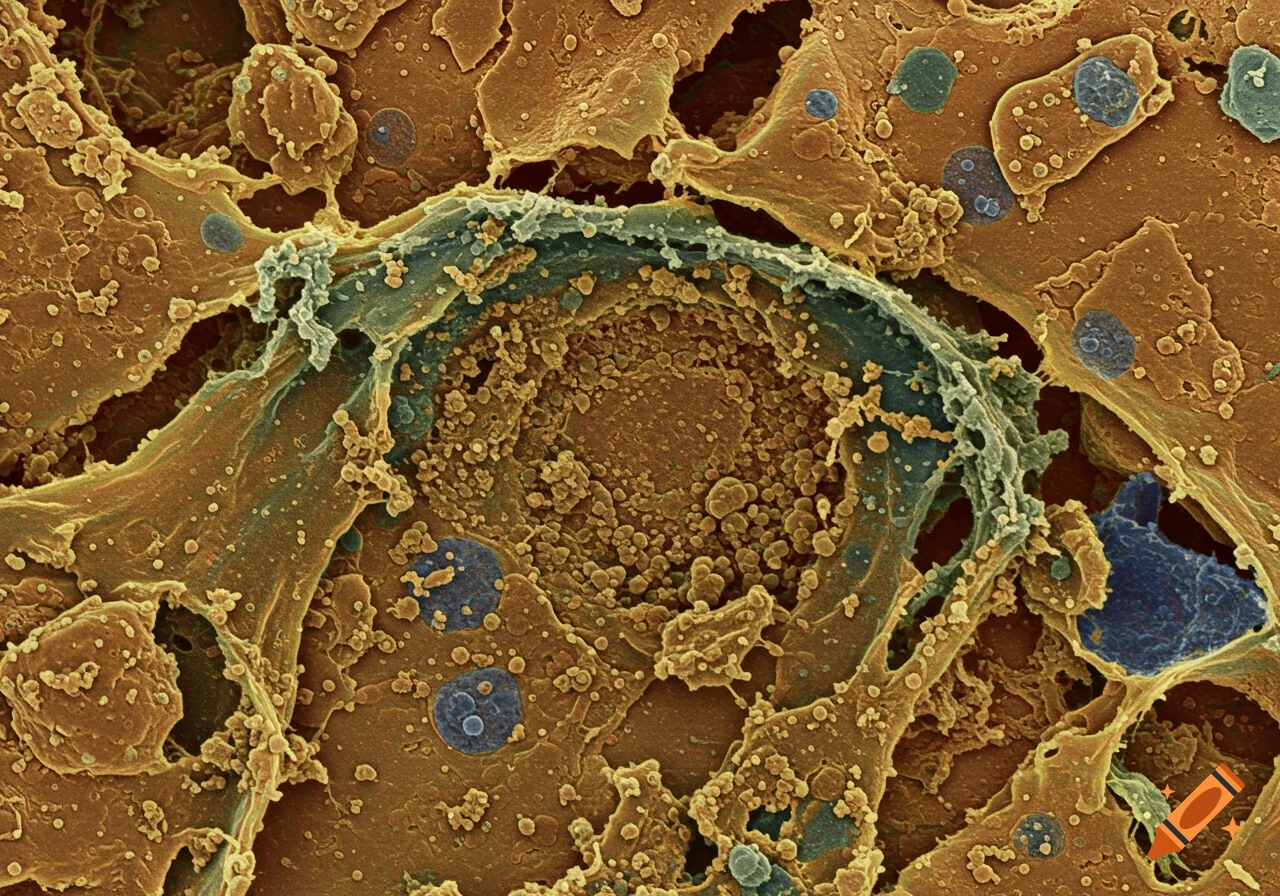 Close-up microscopic view of biological cells and tissue showing detailed textures and forms in brown, orange, blue, and grey.