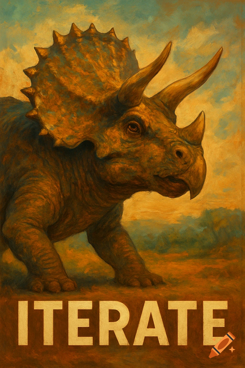 A painterly illustration of a Triceratops standing in a landscape, with the word "ITERATE" across the bottom.