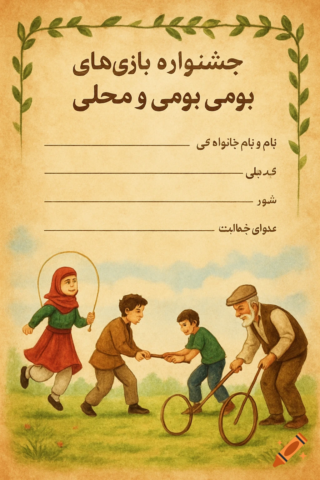 Watercolor illustration of children and old man playing traditional games on an event template.