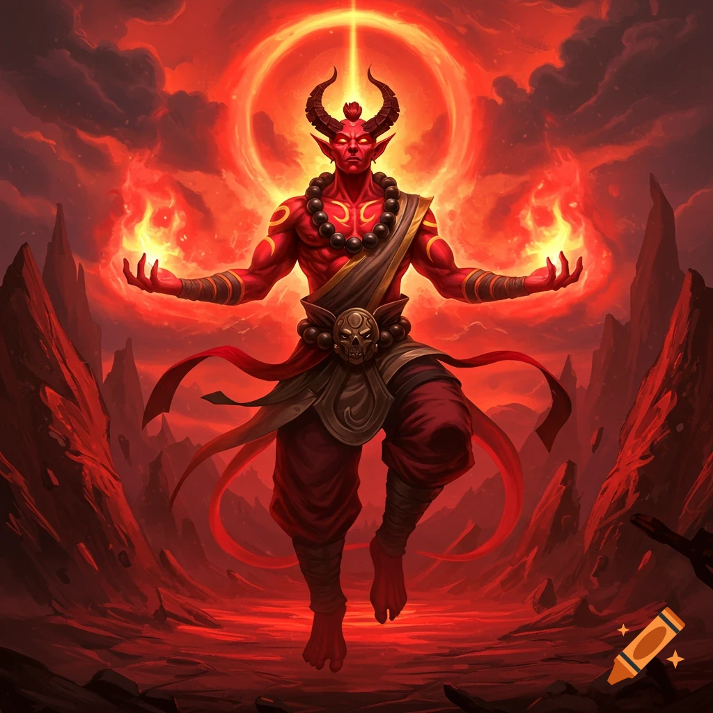 Digital painting of a red demonic figure with horns and prayer beads floating in a fiery landscape.