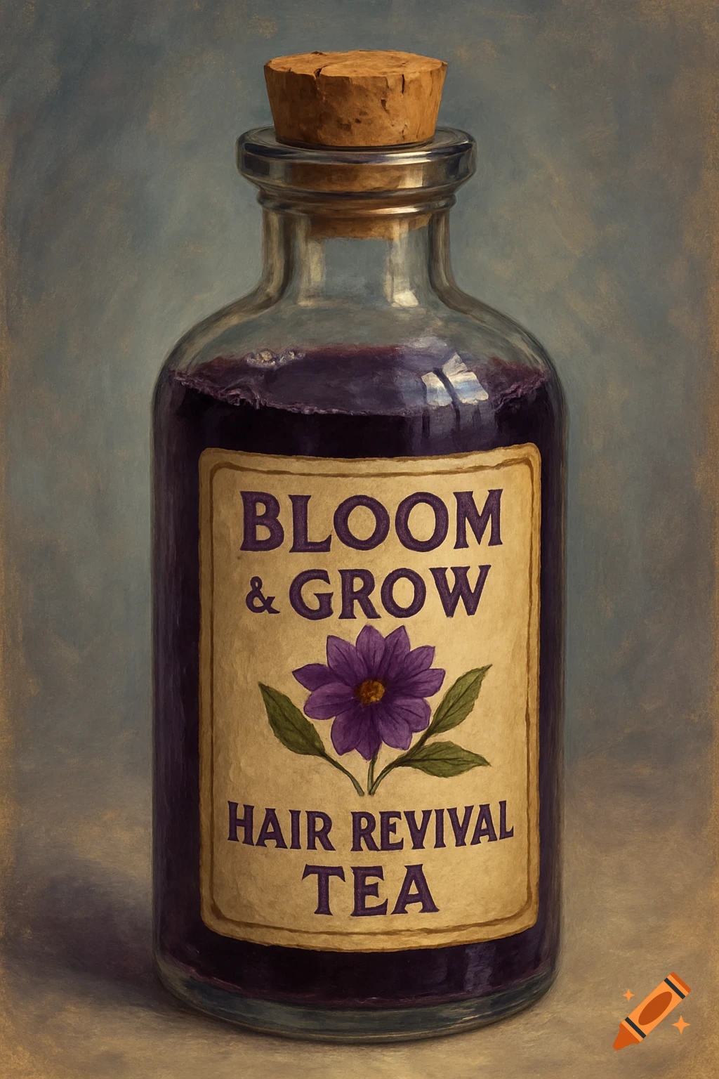 Painting of a bottle with purple liquid and a label reading 'Bloom & Grow Hair Revival Tea'