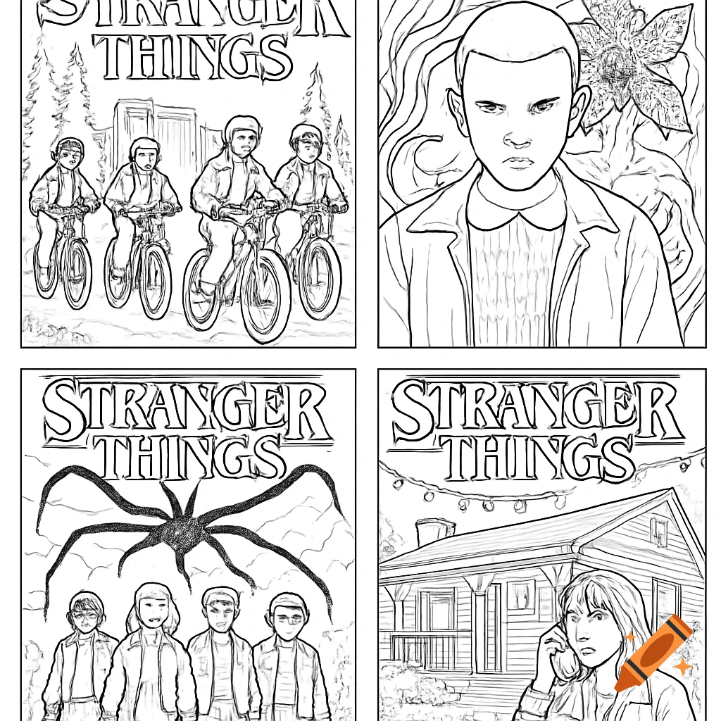 Four coloring book panels of Stranger Things scenes: kids on bikes, Eleven, Mind Flayer, and a girl on phone by a house.