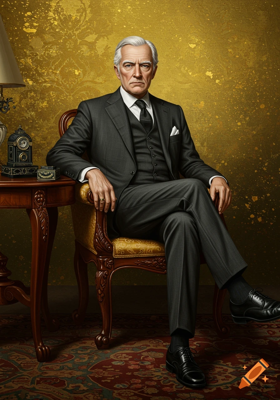A portrait of an older man with grey hair wearing a suit, sitting in a chair against a gold textured background.