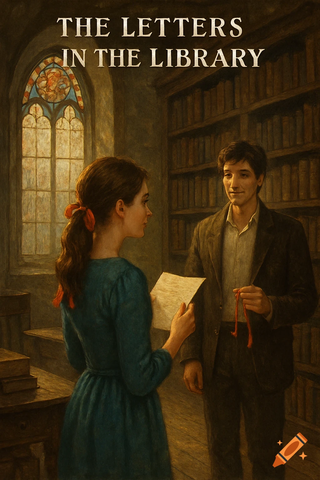 A painting of a woman holding a letter, facing a man holding a red ribbon in a library.