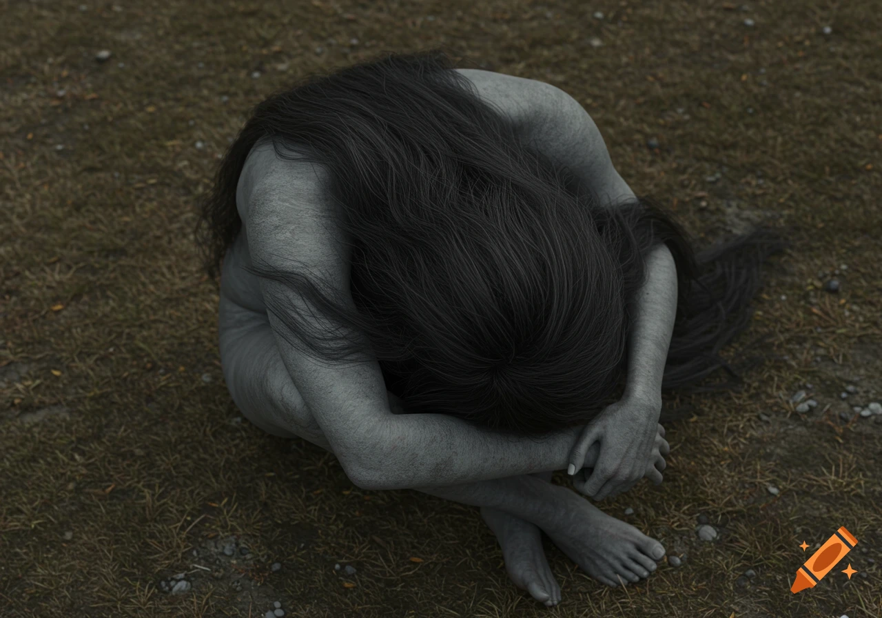 Photorealistic rendering of a grey human figure curled in the fetal position on the ground, viewed from above.