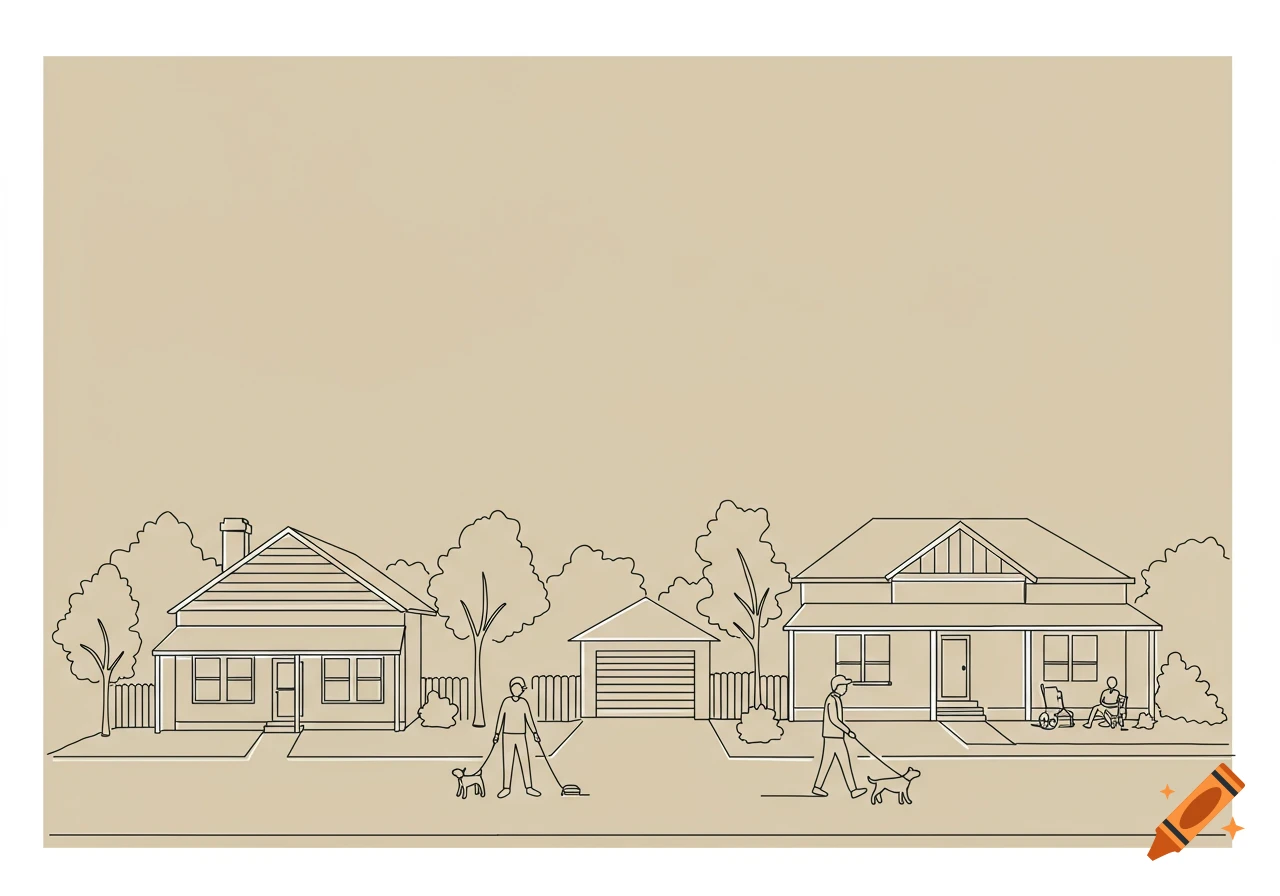 Line drawing of houses, trees, people walking dogs in a neighborhood.
