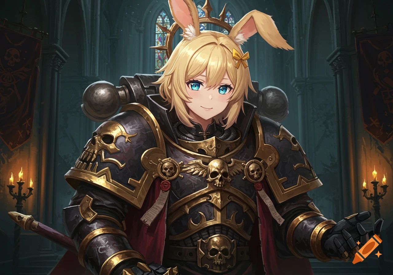 An anime character in dark and gold sci-fi armor with bunny ears