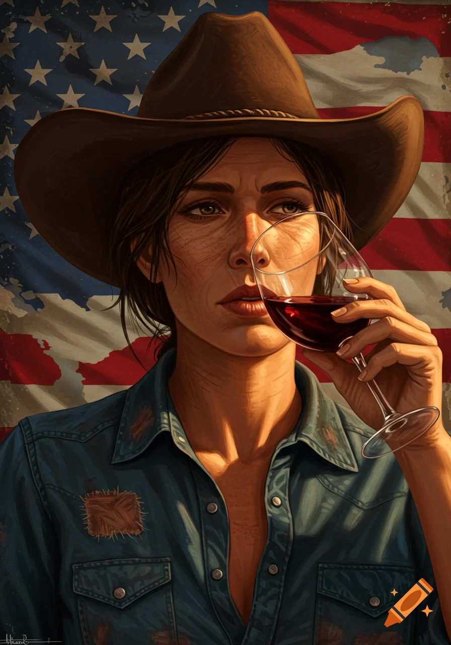 Close-up of a cowgirl in a cowboy hat drinking wine in front of a tattered American flag.