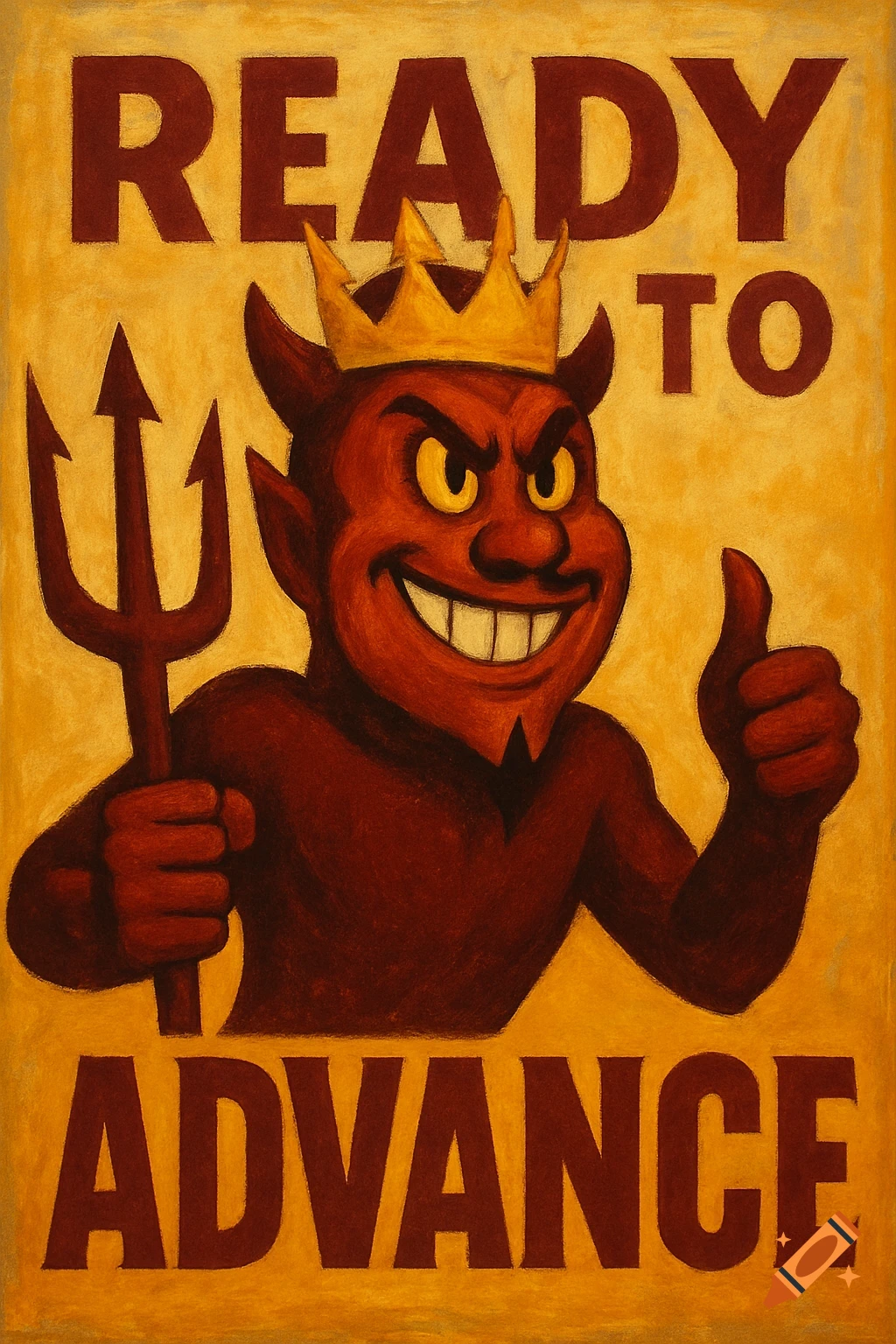 Cartoon red devil mascot with a crown, trident, and thumbs-up on a yellow background with text 'READY TO ADVANCE'. Painted style.