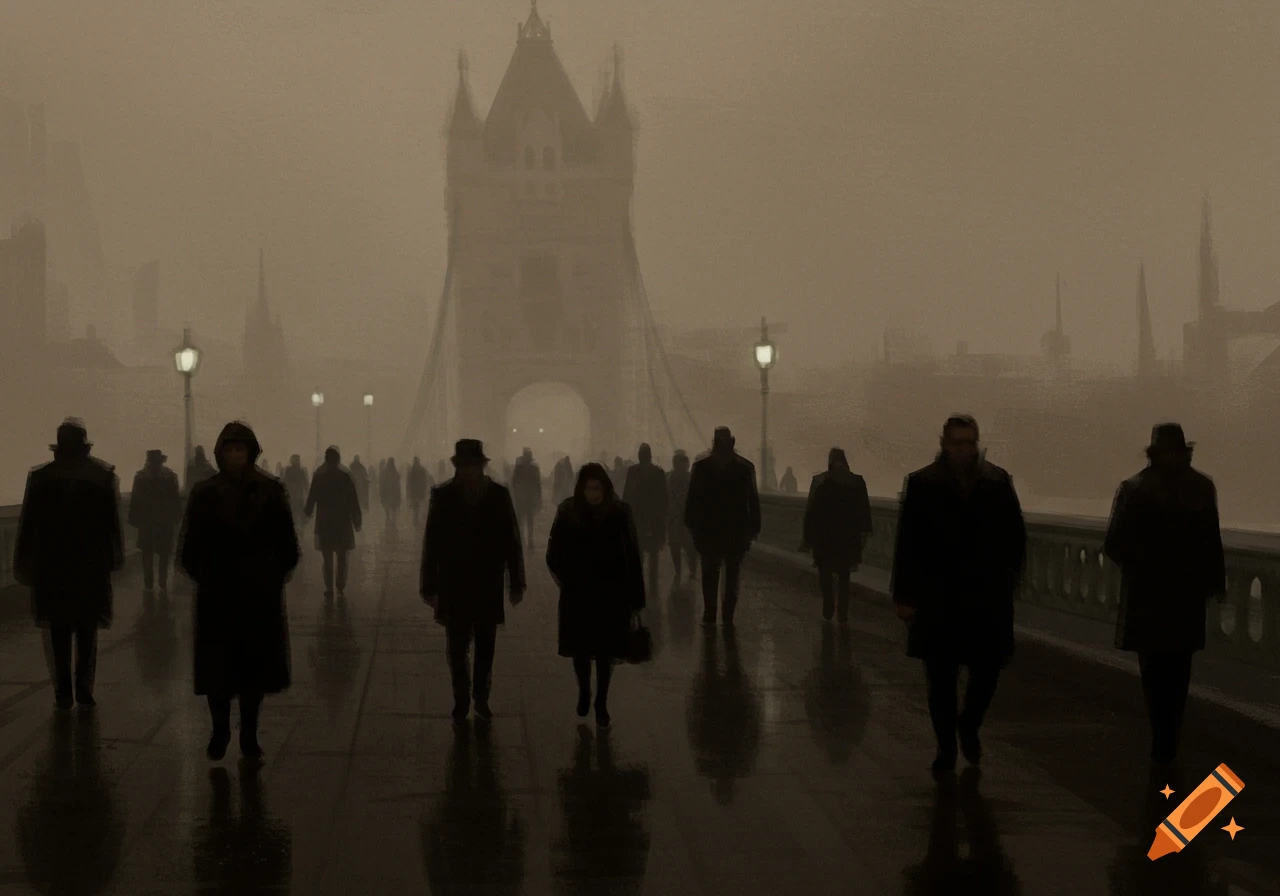 People walk across a foggy bridge in a city, with buildings obscured by haze in the background. Dark, atmospheric style.