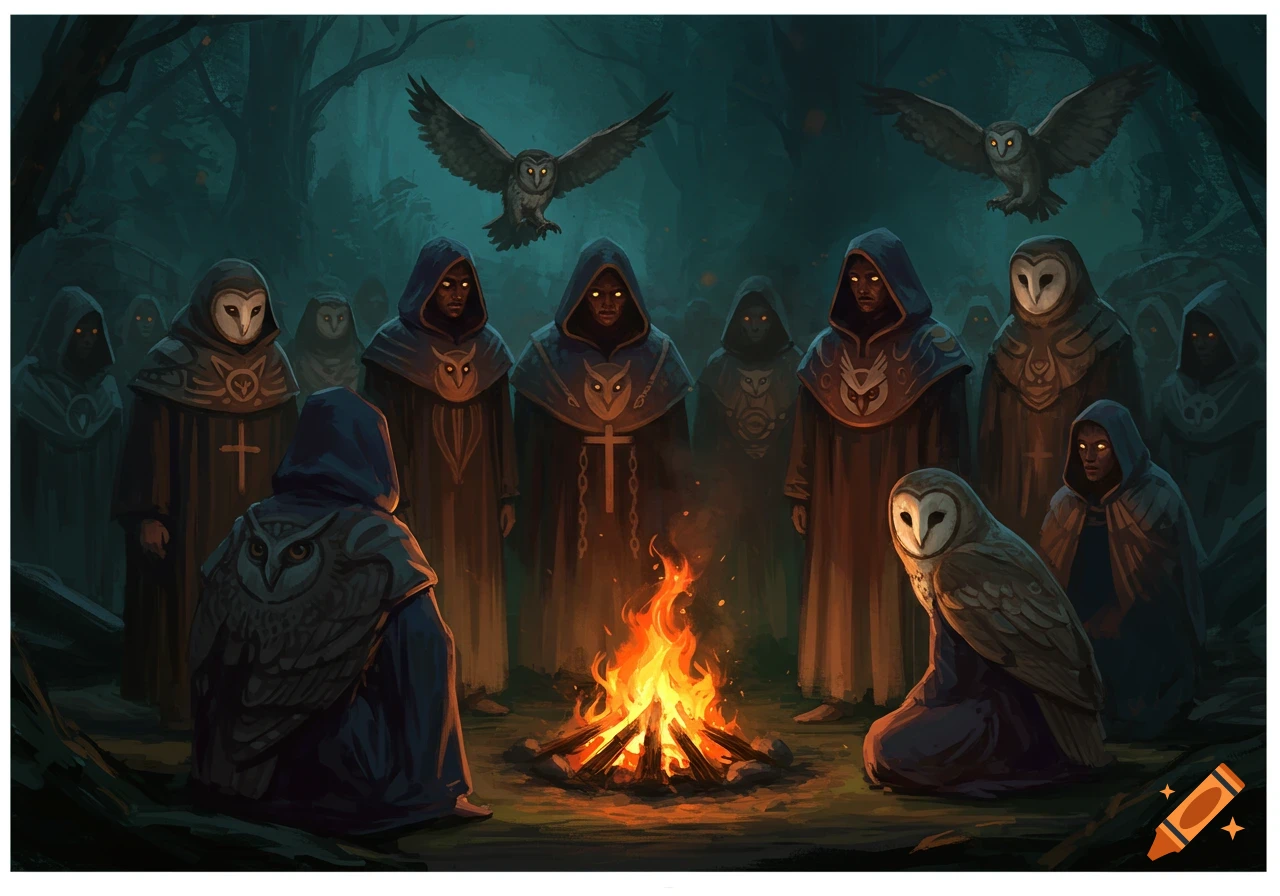 Robed figures and owls gather around a campfire in a dark forest.