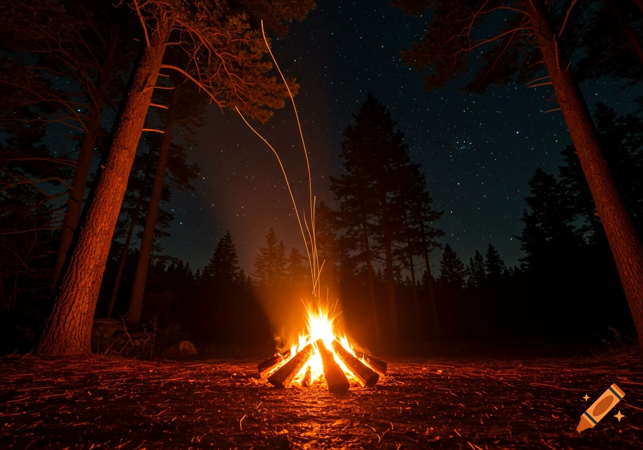 A campfire burning brightly at night in a forest clearing under a starry sky.