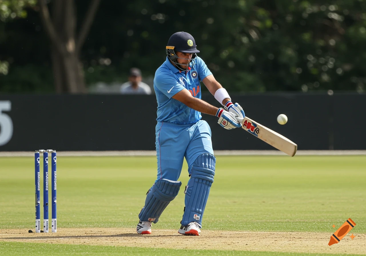 A cricket batsman in a blue uniform hitting a ball with a bat on a field. Photorealistic style.