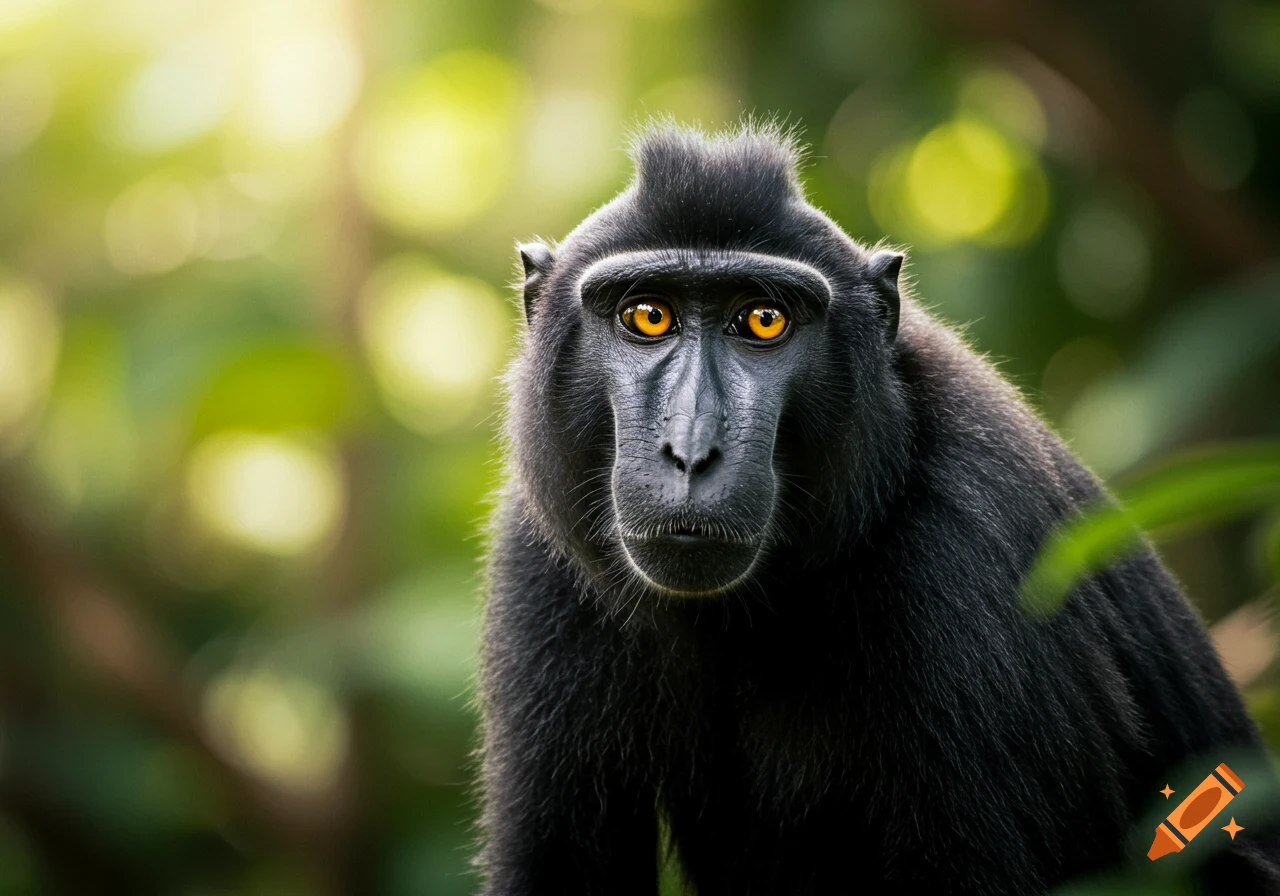 Close-up portrait of a black monkey with striking orange eyes in a jungle setting.
