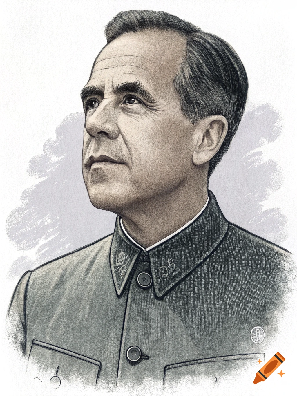 Pencil drawing portrait of a man in a uniform looking upwards and to the left.