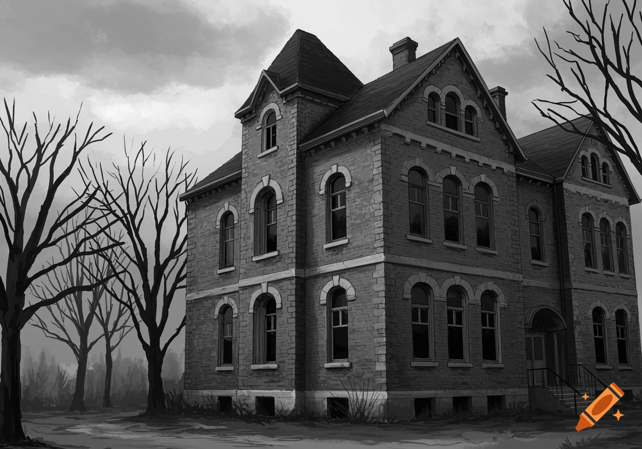 Black and white illustration of an old brick building (orphanage) with bare trees under a cloudy sky.