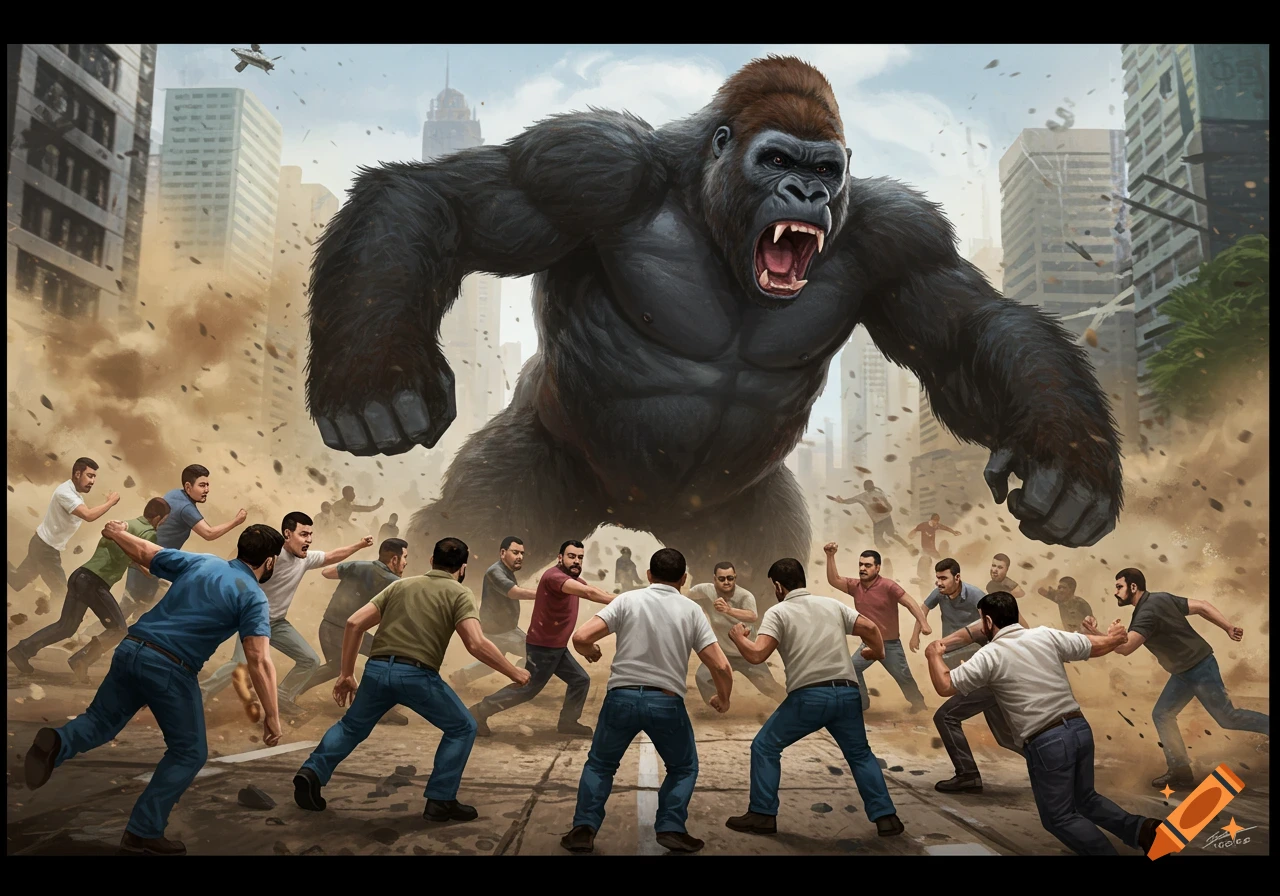A giant gorilla stands in a city street surrounded by people running away, illustration.