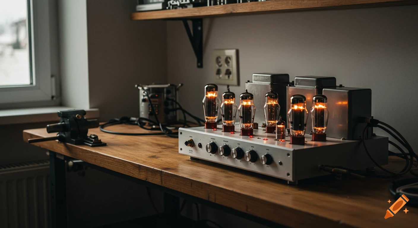 A tube amplifier with glowing vacuum tubes sits on a well-worn wooden workbench, appearing as a photograph.