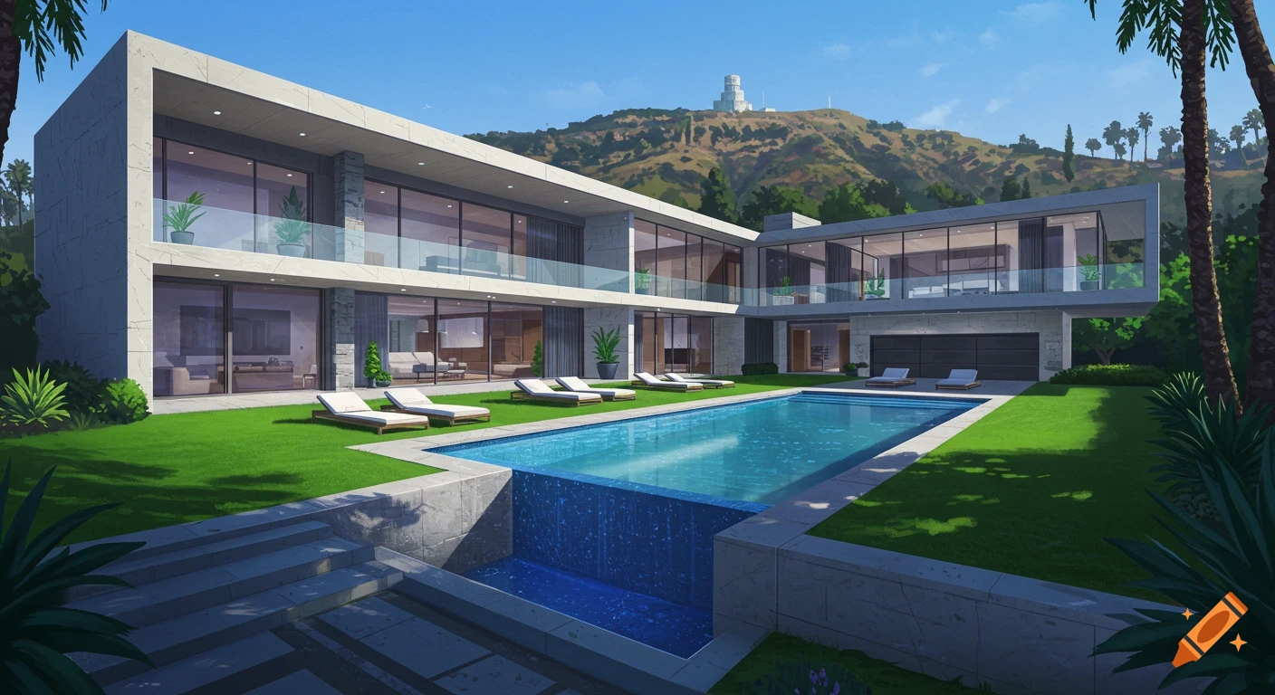 Modern mansion with large pool overlooking hills on a sunny day, illustration style