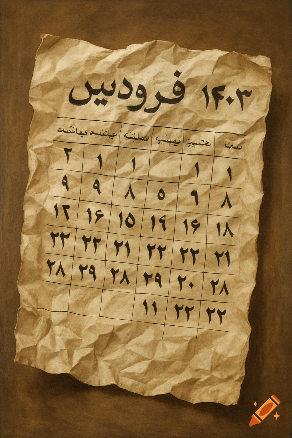 Crumpled Persian calendar on a brown background