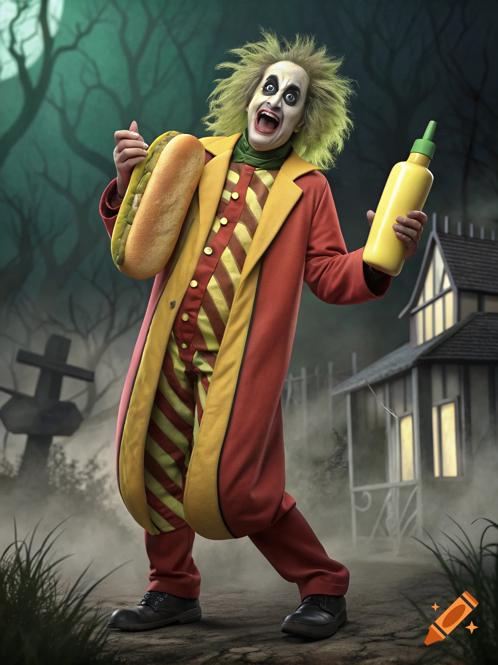 Beetlejuice in a hot dog costume holds a hot dog and mustard bottle in a spooky graveyard scene.