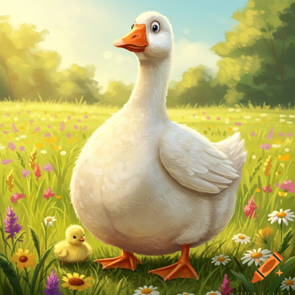 A white goose stands with a yellow chick in a sunny field of grass and wildflowers, painted style.