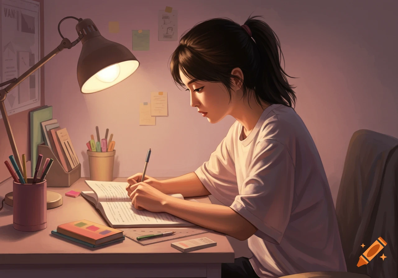 A young person sits at a desk, writing in a notebook under the warm light of a lamp.