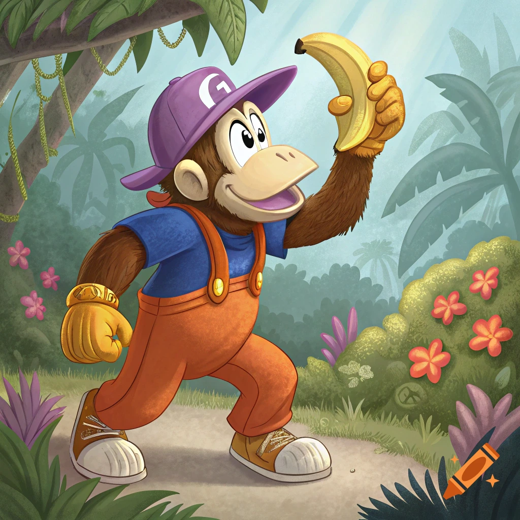 A cartoon monkey character resembling Diddy Kong wears a purple hat and overalls, standing in a jungle and holding up a banana.