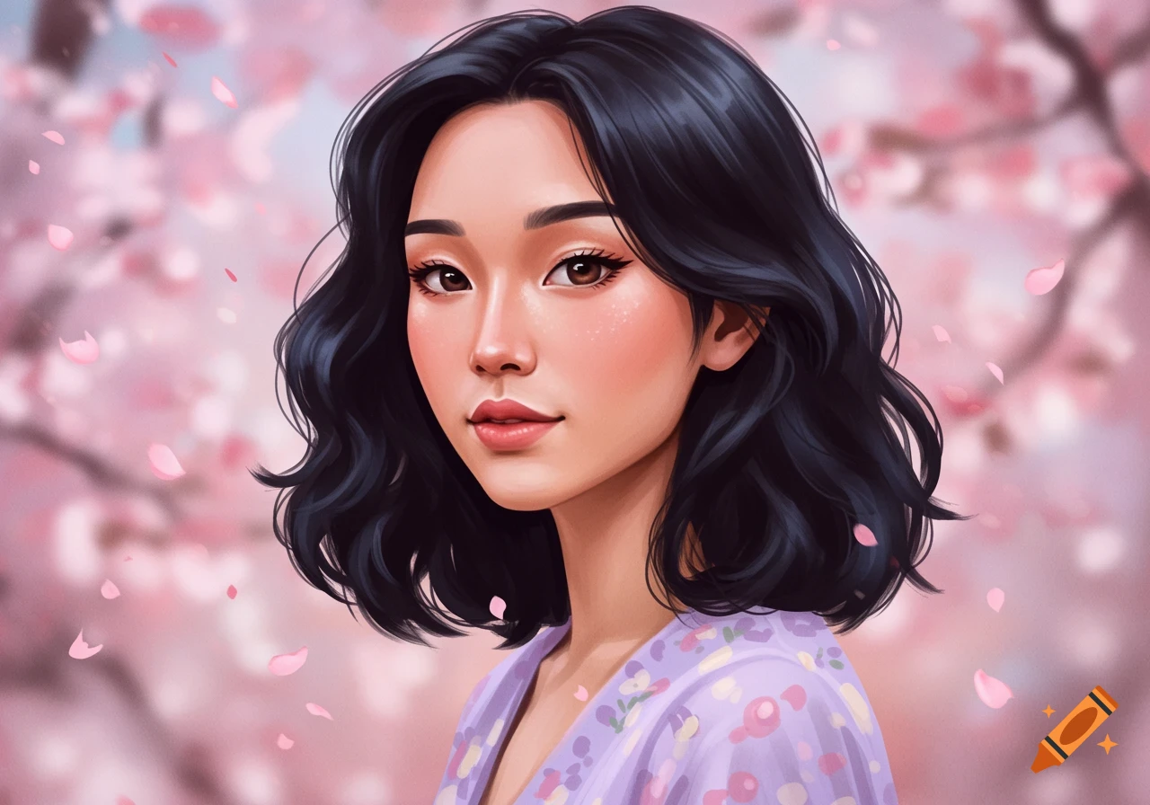 Digital painting of a woman with dark hair and brown eyes against a background of pink cherry blossoms.