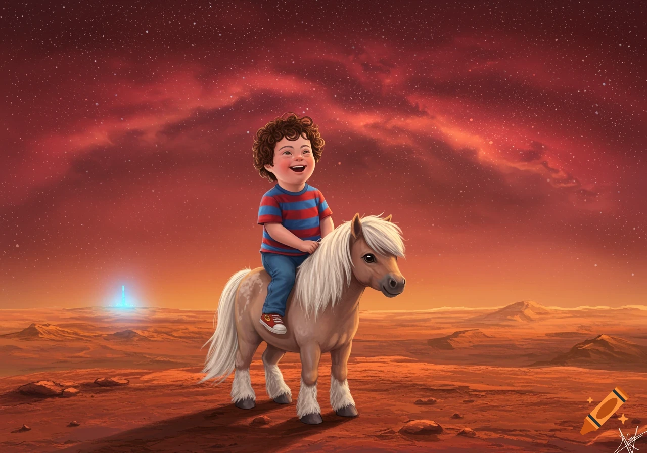 Boy with Down syndrome rides a pony on Mars under a starry red sky.