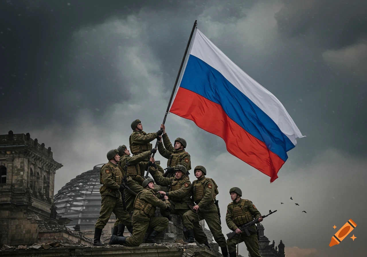 Modern Russian soldiers raise a flag over a damaged building under a cloudy sky, evoking the iconic Reichstag photo.
