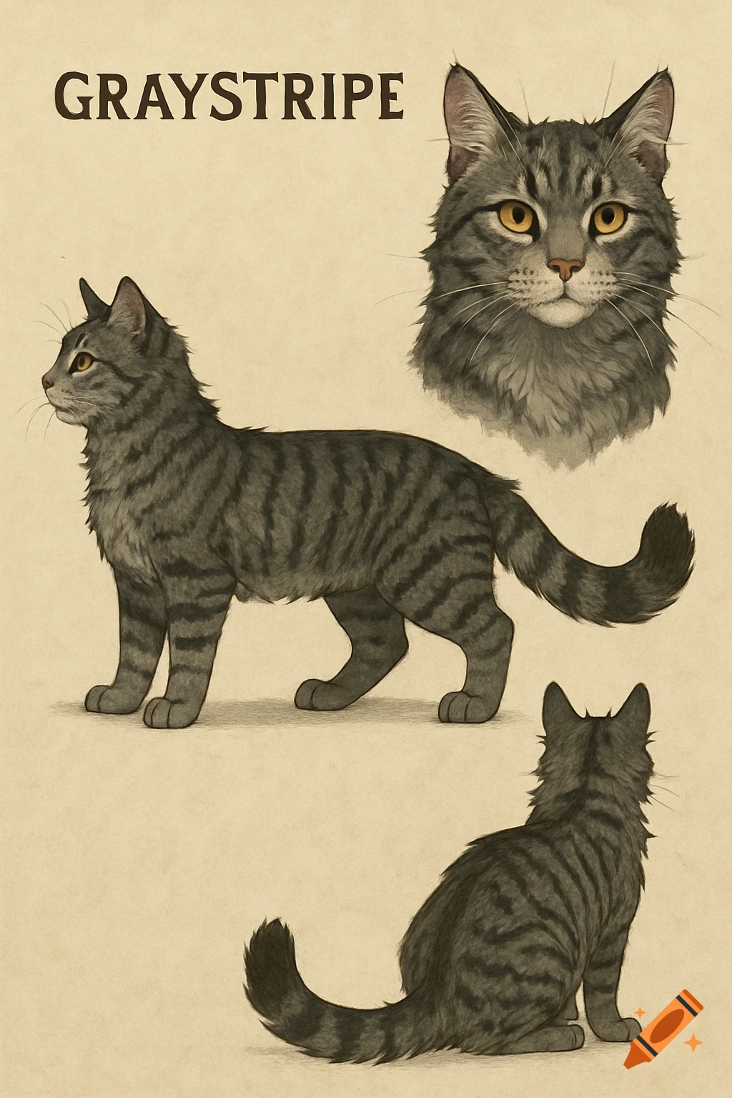 Illustration reference sheet of a gray tabby cat named Graystripe. on ...