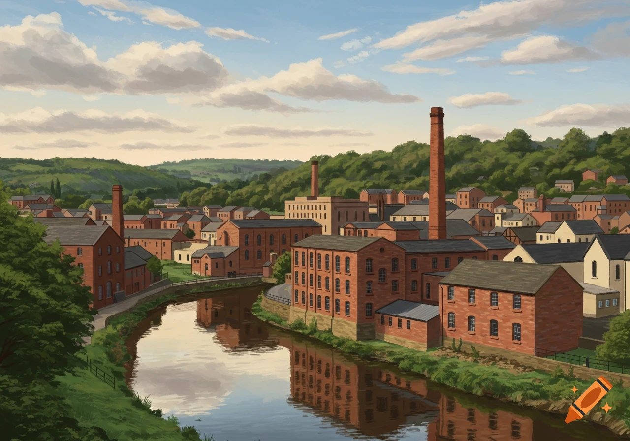 A painted landscape showing red brick buildings with chimneys along a river in a green valley.