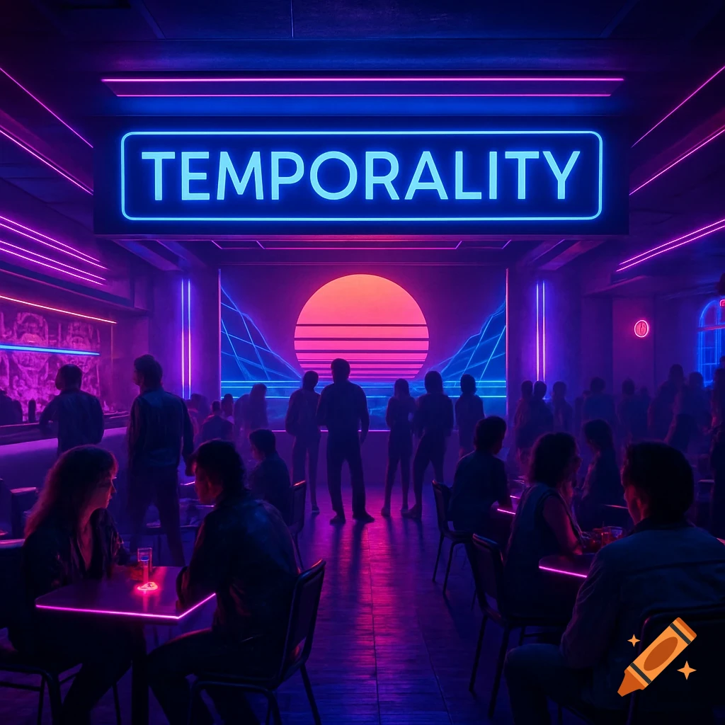 Synthwave nightclub with neon lights, people, and a sign that reads TEMPORALITY.