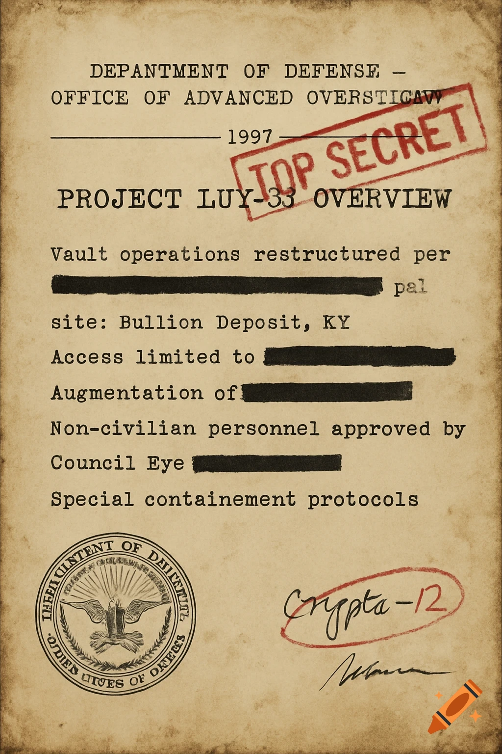 Aged government document with text, redactions, seal, and 'Top Secret' stamp.