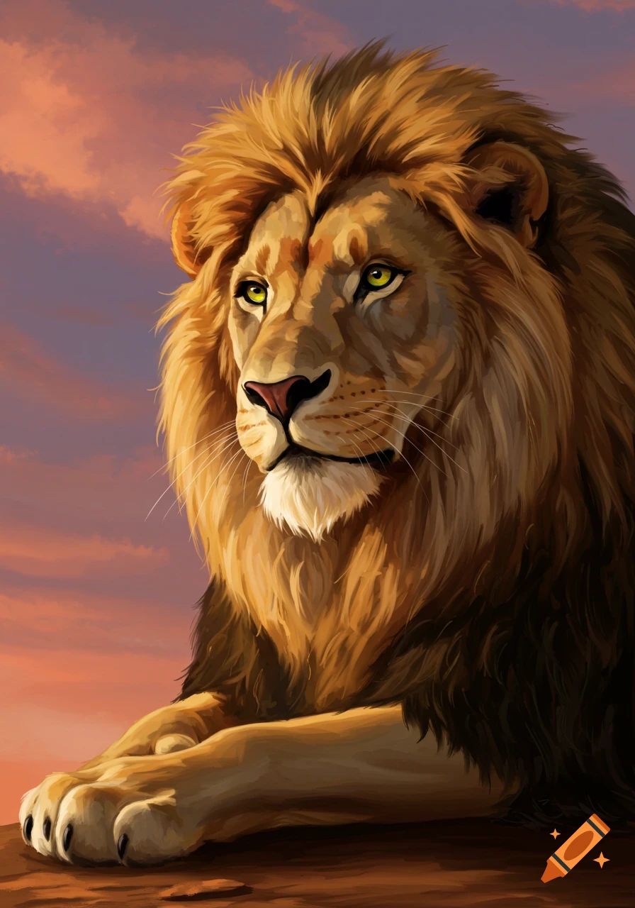 Stylized painting of a lion with a large mane looking left against a sunset sky