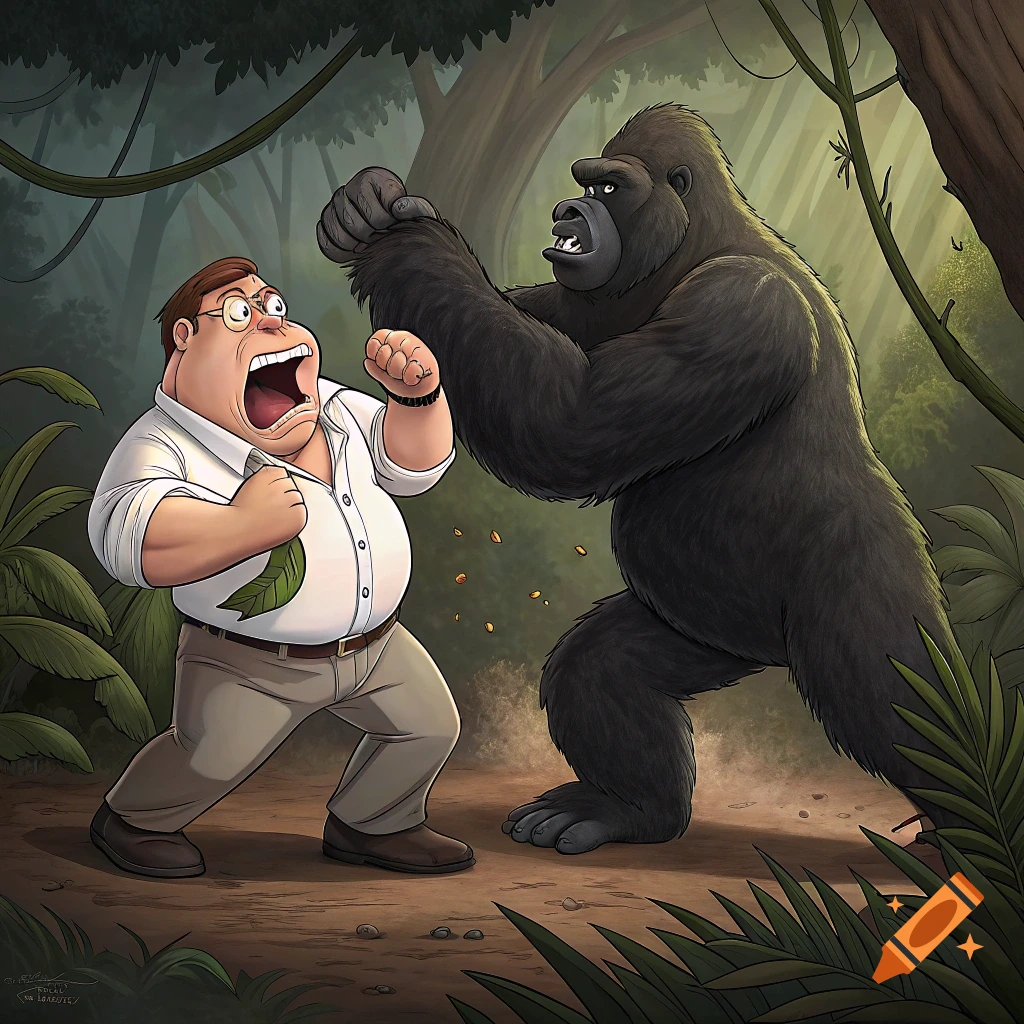 Cartoon illustration of a man resembling Peter Griffin fighting a gorilla in a jungle.