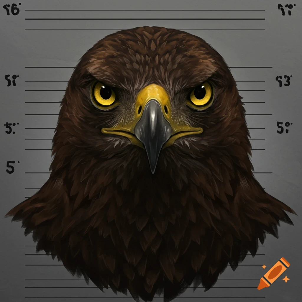 Close-up of an eagle's head against a mugshot background.