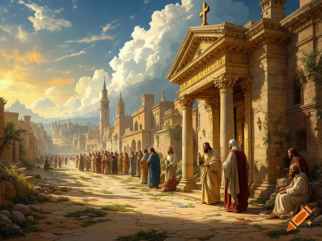 Historical illustration of robed figures and a crowd near an ancient building with a cross under a dramatic sky.