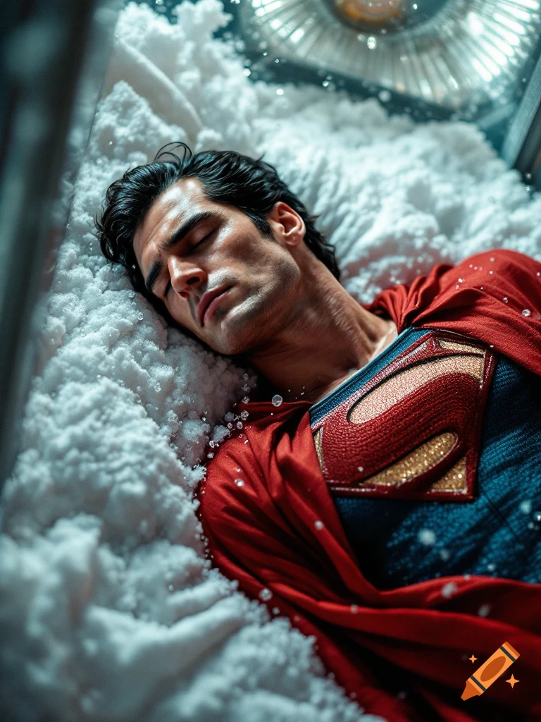 A photorealistic portrait of Superman lying in snow.