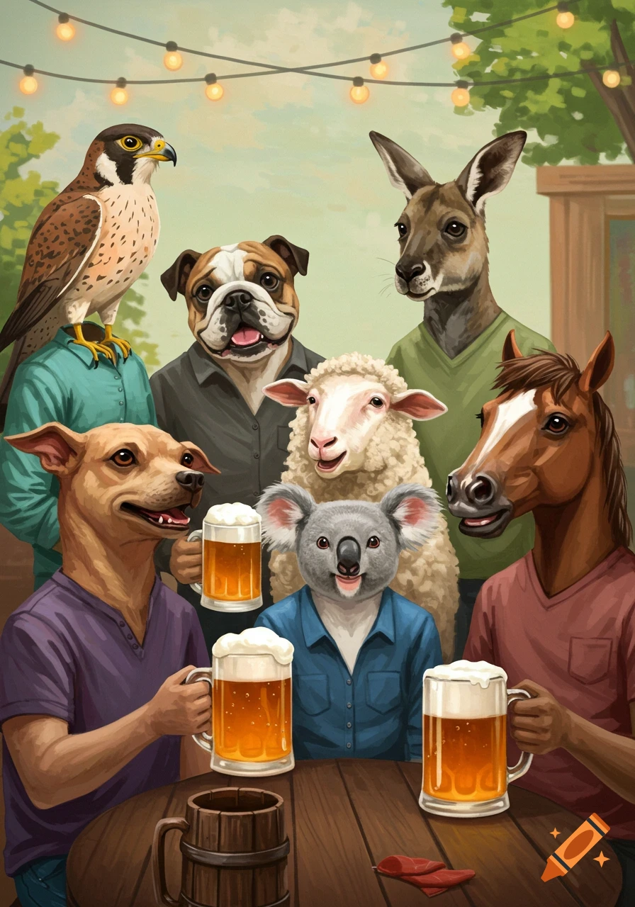Anthropomorphic animals drinking beer at a table.