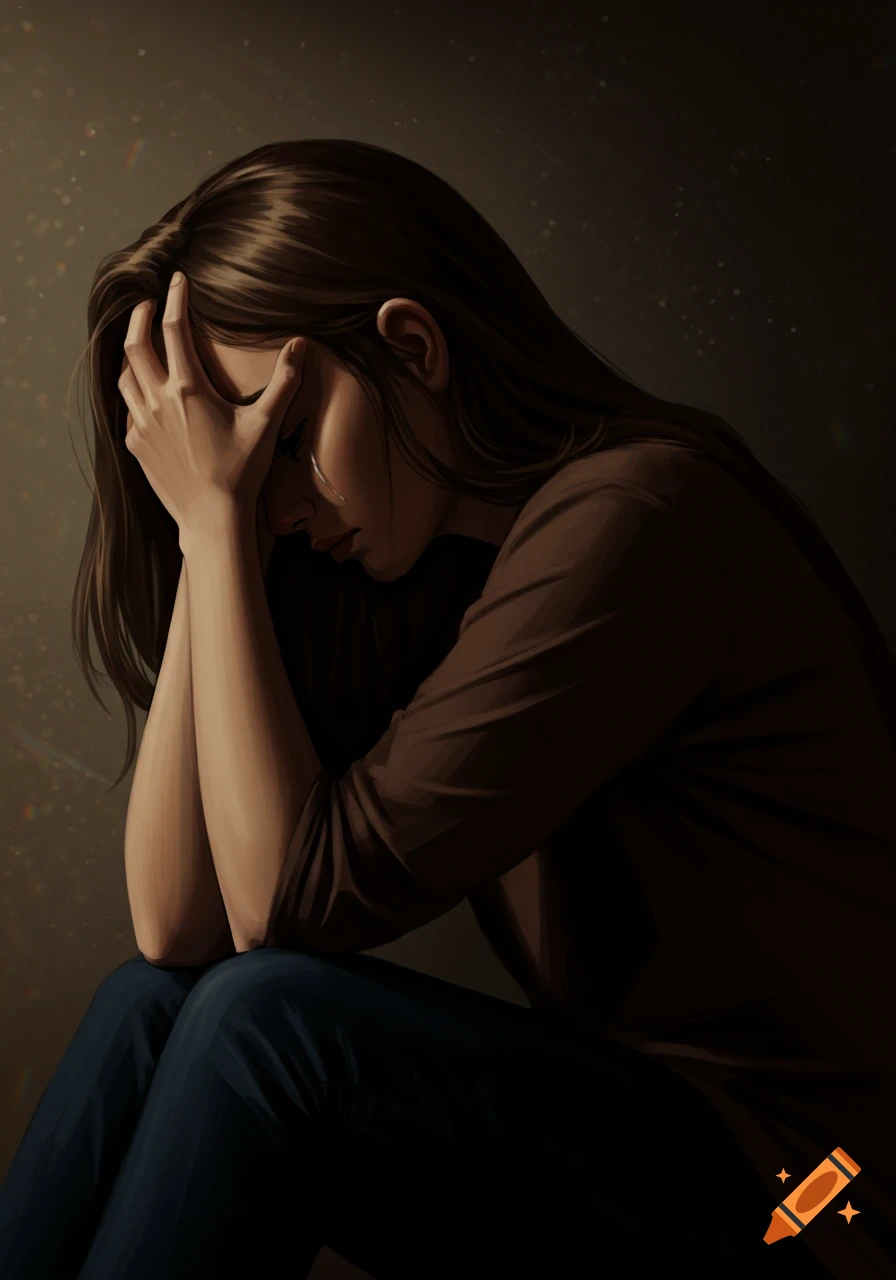 An illustration of a woman sitting in a dark room with her head in her hands, crying.