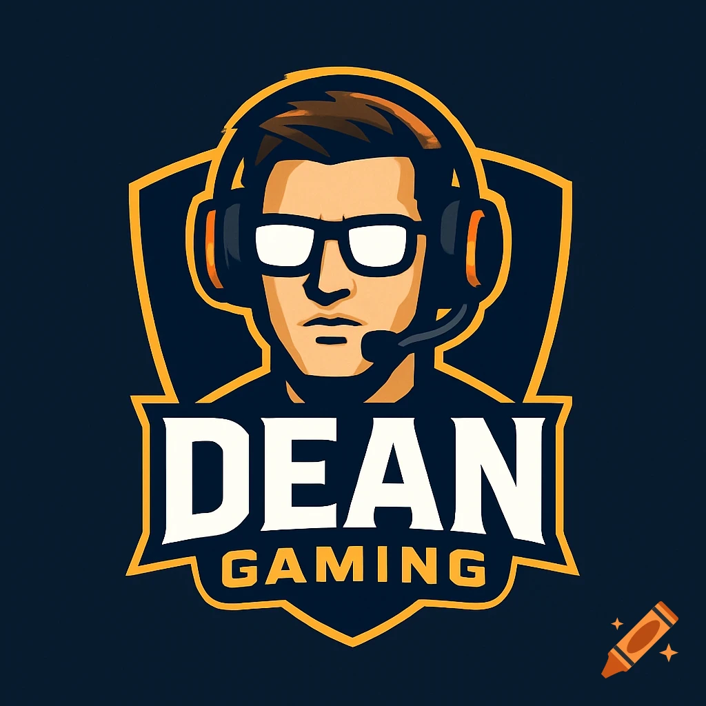 Logo featuring a gamer with headphones and glasses, text reads "DEAN GAMING"