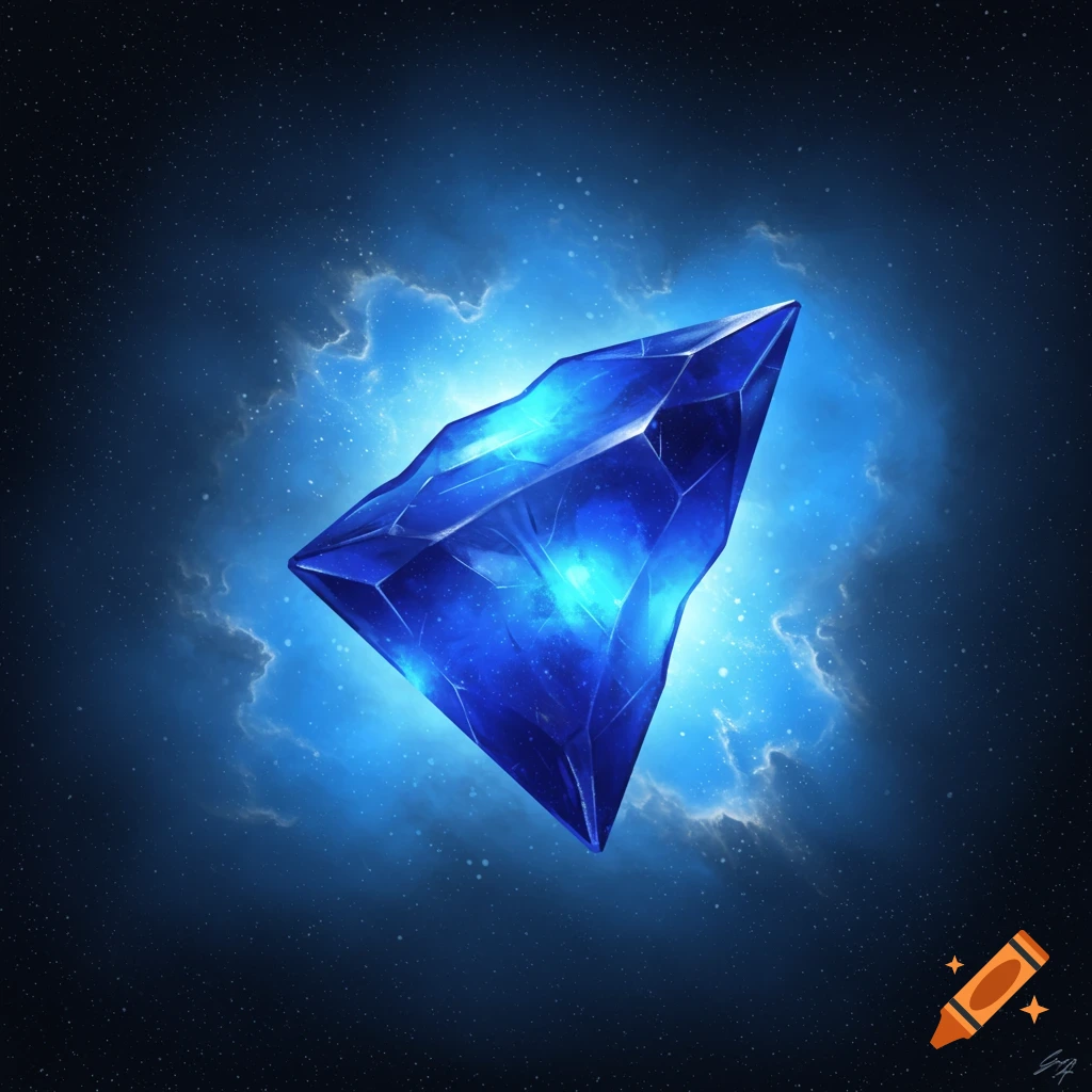 A faceted deep blue crystal floats in space with a blue nebula behind it.
