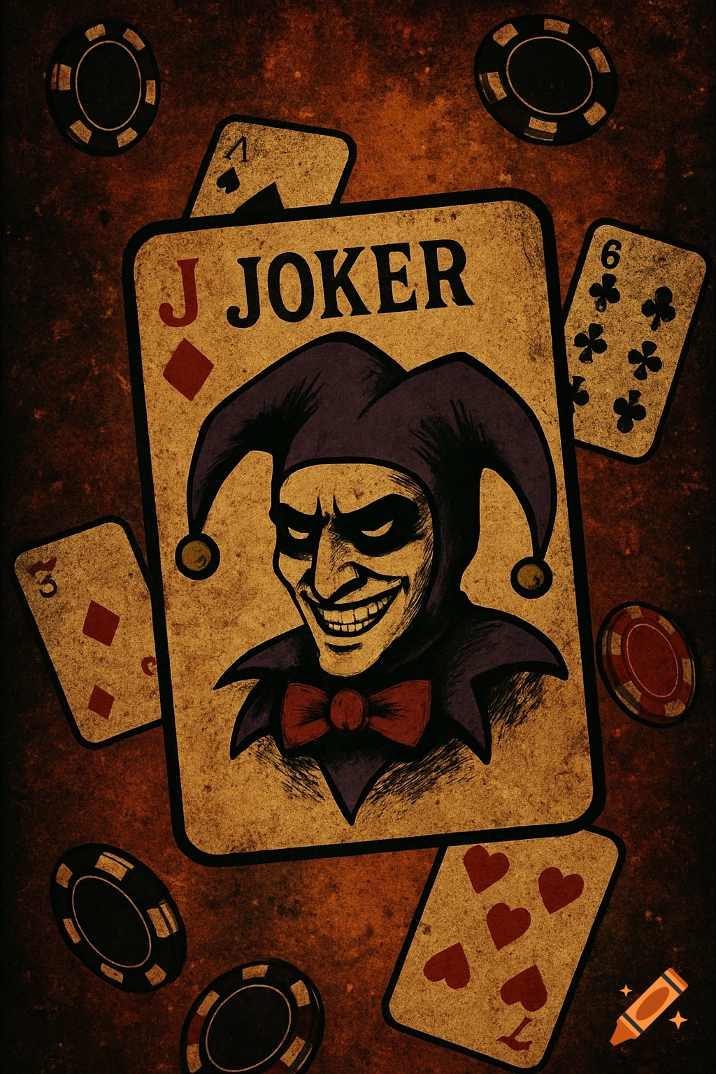 Stylized illustration of a Joker playing card surrounded by other cards and poker chips.