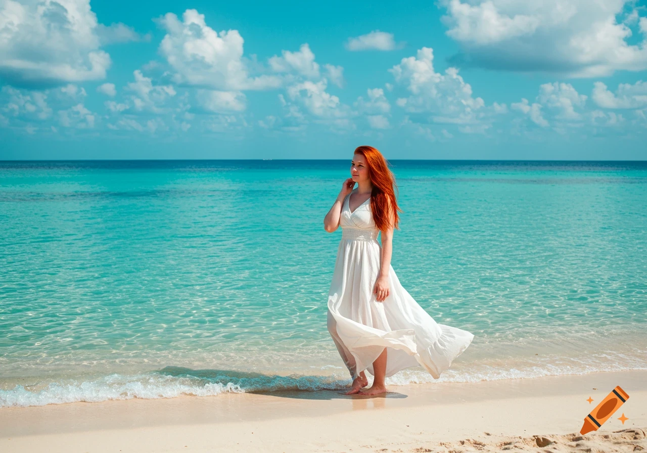 Woman with red hair in white dress standing on a beach with clear blue water.