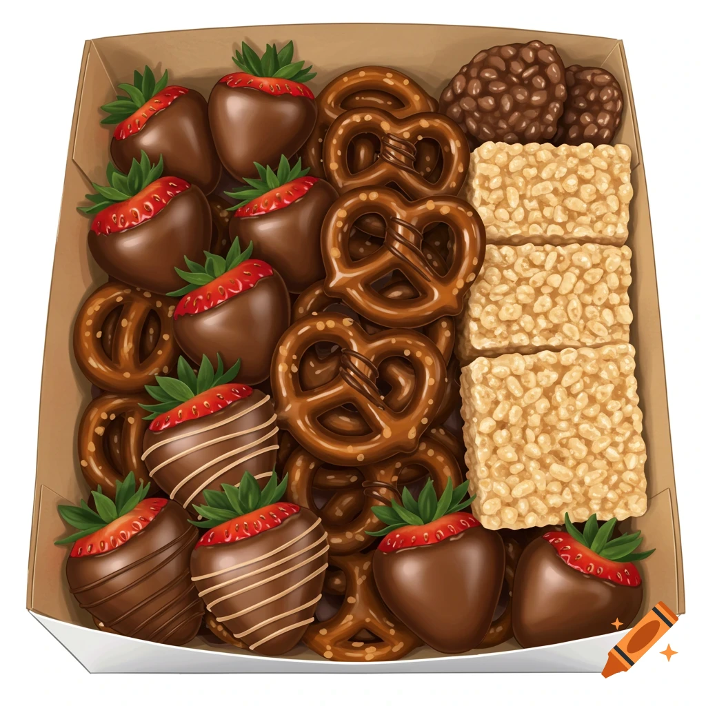 A box overflowing with chocolate-covered strawberries, pretzels, rice krispie treats, and chocolate clusters.