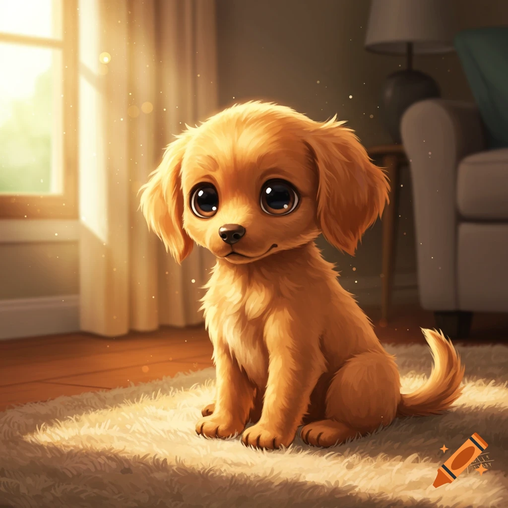 A cute puppy sitting on a rug by a window.