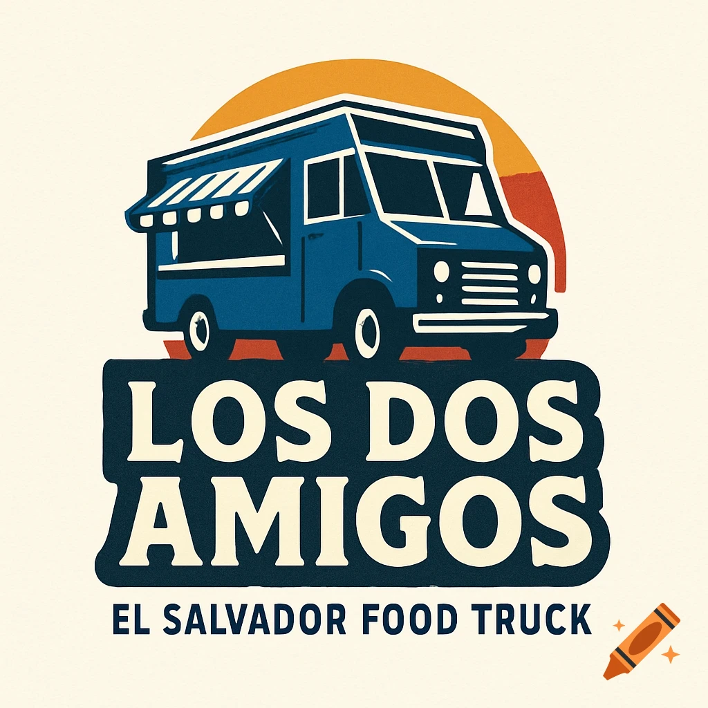 Logo for Los Dos Amigos El Salvador Food Truck with a blue truck illustration.